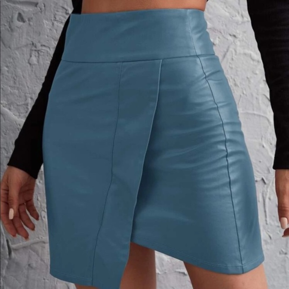 Red Asymmetrical Wide Waist Vegan Leather Bodycon Skirt - Picture 3 of 12